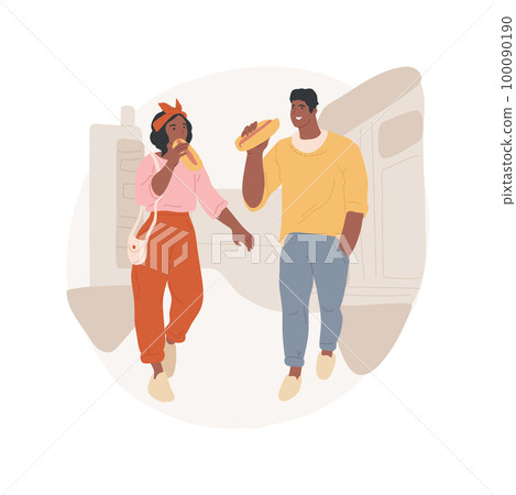Snack on the go isolated cartoon vector illustration. Happy couple eating tasty hot dog on the go, family lifestyle, junk food habits, diet violation, leisure time together vector cartoon. 100090190