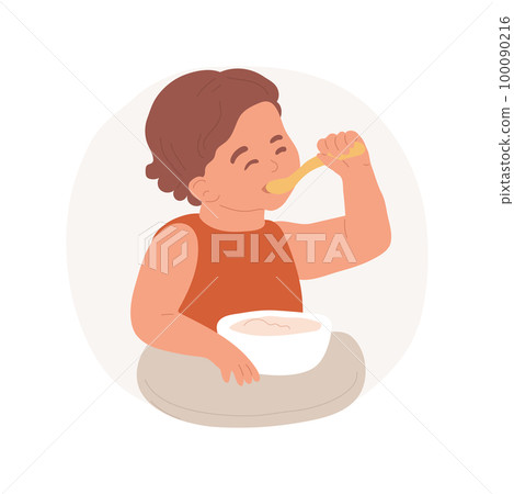 Toddler self-feeding isolated cartoon vector illustration. Smiling kid feeding himself with tasty meal, healthy lifestyle, toddler food habits, child in a good mood vector cartoon. Toddler self-feeding isolated cartoon vector illustration. Smiling kid feeding himself with tasty meal, healthy lifestyle, toddler food habits, child in a good mood vector cartoon. 100090216