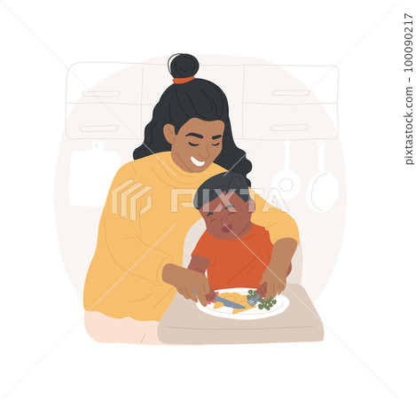 Helping to cut food isolated cartoon vector illustration. Smiling mom helps her little kid cutting food with fork and knife, family lifestyle, meal habits, parent help vector cartoon. Helping to cut food isolated cartoon vector illustration. Smiling mom helps her little kid cutting food with fork and knife, family lifestyle, meal habits, parent help vector cartoon. 100090217