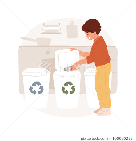 Trash sorting at home isolated cartoon vector illustration. Kid throwing plastic bottle in a bin with recycling, home trash sorting, containers with different color stickers vector cartoon. 100090252