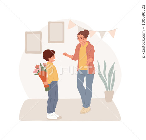 Giving flowers isolated cartoon vector illustration. Young boy with pretty flowers behind back preparing surprise for his mother for Mothers Day, family holiday, festive spirit vector cartoon. 100090322