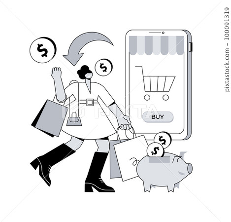 Cashback service abstract concept vector illustration. Online cashback extension, score your extra cash rebate, cash-back service rates, reduce cost shopping online at check out abstract metaphor. Cashback service abstract concept vector illustration. Online cashback extension, score your extra cash rebate, cash-back service rates, reduce cost shopping online at check out abstract metaphor. 100091319