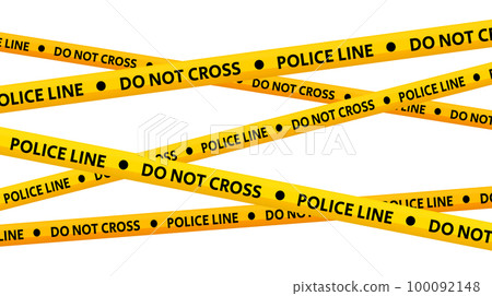 Police line do not cross tapes. Crossed yellow and black caution stripes. Danger area or crime scene zone stripes background. Warning sign. Vector  100092148