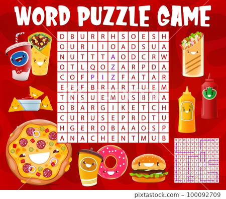 Word search puzzle game, cartoon cheerful takeaway fast food characters, vector kids quiz. Funny pizza, shawarma or burrito and donut with cheeseburger and ketchup on word search game worksheet Word search puzzle game, cartoon cheerful takeaway fast food characters, vector kids quiz. Funny pizza, shawarma or burrito and donut with cheeseburger and ketchup on word search game worksheet 100092709