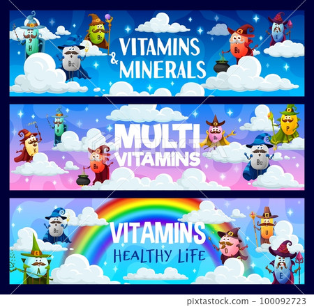 Cartoon vitamin wizard and mage characters on rainbow and clouds. Vector horizontal banners with funny capsules for healthy living. H, B12, B2, B9, E, K, B3, P, A, D and U food supplement personages Cartoon vitamin wizard and mage characters on rainbow and clouds. Vector horizontal banners with funny capsules for healthy living. H, B12, B2, B9, E, K, B3, P, A, D and U food supplement personages 100092723