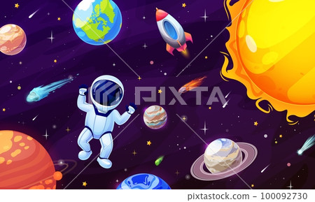 Cartoon astronaut character in space. Space planets and stars. Galaxy exploration, planets research vector wallpaper, solar system planets background with astronaut character flying in weightiness Cartoon astronaut character in space. Space planets and stars. Galaxy exploration, planets research vector wallpaper, solar system planets background with astronaut character flying in weightiness 100092730