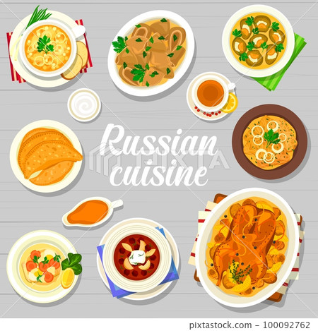 Russian cuisine restaurant meals menu cover page. Cabbage rolls Golubtsi, dumplings Pelmeni, jellied beef tongue and fish, cold beet soup and baked goose with potatoes, split pea soup, pie Chebureki 100092762