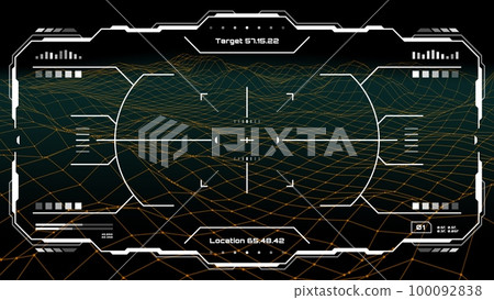 Hud futuristic monitor screen interface. Target aim control. Future airplane pilot interface, target hologram screen or military viewfinder game UI vector frame with gun aim crosshair, surface mesh 100092838
