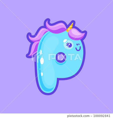 P letter of unicorn alphabet sign, funny animal in wig, English or Latin alphabet character. Vector cartoon typeface, ABC fairy tale sign 100092841