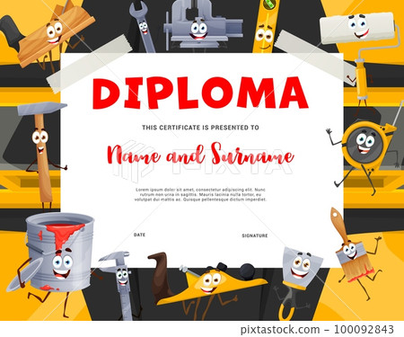 Kids builder diploma cartoon construction and diy tool characters. Vector work appreciation certificate with vice, hammer, cutters and wrench, brush or bucket. Kindergarten achievement frame template 100092843