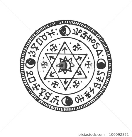 Esoteric amulet, mandala, magic talisman isolated circle magic pentagram sketch. Vector mystery mason or freemason amulet, esoteric emblem 100092851