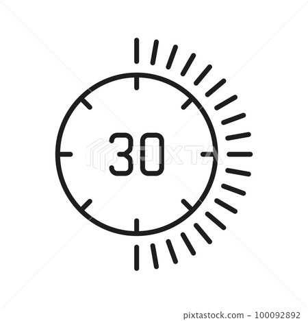 Speed tracker on 30 minutes, deadline outline icon. Vector half hour or minute, sport stopwatch timer. Thin line countdown sign, training chronometer Speed tracker on 30 minutes, deadline outline icon. Vector half hour or minute, sport stopwatch timer. Thin line countdown sign, training chronometer 100092892