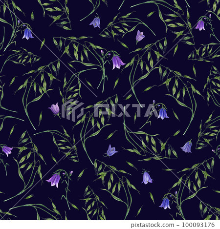 Watercolor floral seamless pattern of bluebells, wild oats isolated on dark blue background. For postcard, poster, scrapbooking, invitations, background, prints, wallpaper, fabric, textile, wrapping. Watercolor floral seamless pattern of bluebells, wild oats isolated on dark blue background. For postcard, poster, scrapbooking, invitations, background, prints, wallpaper, fabric, textile, wrapping. 100093176