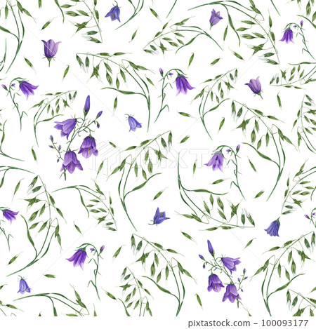 Watercolor seamless pattern of bluebells, wild oats isolated on white background. For postcard, poster, scrapbooking, invitations, background, prints, wallpaper, fabric, textile, wrapping. Watercolor seamless pattern of bluebells, wild oats isolated on white background. For postcard, poster, scrapbooking, invitations, background, prints, wallpaper, fabric, textile, wrapping. 100093177