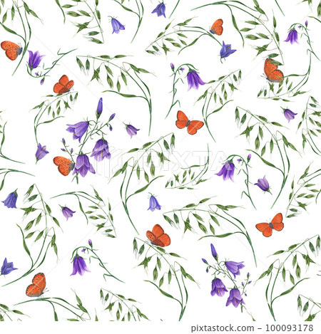 Floral seamless pattern of bluebells, wild oats, flying orange butterflies. Watercolor hand drawn illustration for poster, scrapbooking, invitations, prints, wallpaper, fabric, textile, wrapping. 100093178