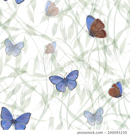 Watercolor seamless pattern of flying blue butterflies isolated on background of wild oats. For greeting card design, invitation template, prints, wallpaper, fabric, textile, wrapping. 100093230