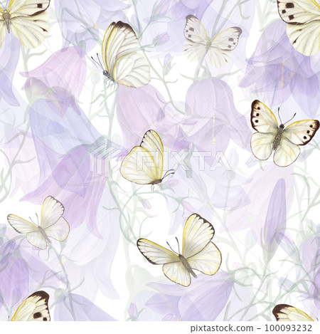 Watercolor seamless pattern of flying white butterflies isolated on background of campanula. For greeting card design, invitation template, prints, wallpaper, fabric, textile, wrapping. Watercolor seamless pattern of flying white butterflies isolated on background of campanula. For greeting card design, invitation template, prints, wallpaper, fabric, textile, wrapping. 100093232