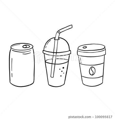 Lemonade in iron jar, cocktail in clear glass with straw and coffee to take away. Doodle vector icon isolated on white. Lemonade in iron jar, cocktail in clear glass with straw and coffee to take away. Doodle vector icon isolated on white. 100093817