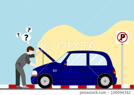 Auto mechanic repairing vehicle engine isolated flat vector illustration. Cartoon man fixing or checking car with open hood in garage. Service and maintenance concept.a man fix a car.  100094382