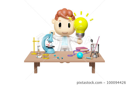 miniature cartoon boy character hand hold light bulb 3d with science experiment kit,  microscope, desk in lab isolated. idea tip education, knowledge creates ideas, elearning concept, 3d render 100094426