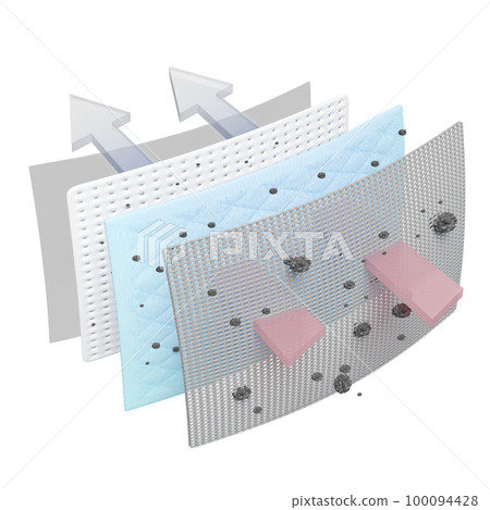 air filter layer and ventilate shows 3d, dust filter layer for face mask, air purifier, prevents vapors and odors from chemicals, virus, 3d render illustration 100094428