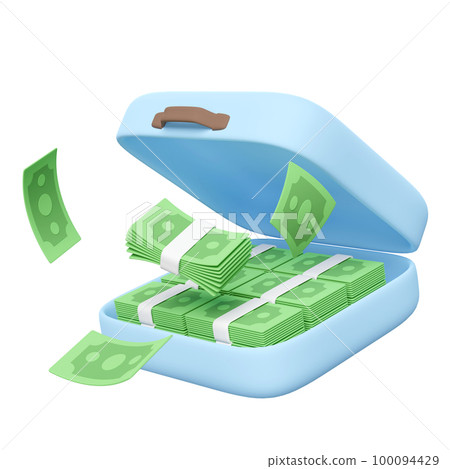 3d pile dollar banknote in blue suitcase isolated. economic movements or business finance, loan concept, 3d render illustration 100094429