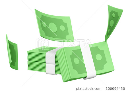 3d dollar banknote stack with flying banknotes isolated. economic movements or business finance, loan concept, 3d render illustration 3d dollar banknote stack with flying banknotes isolated. economic movements or business finance, loan concept, 3d render illustration 100094430