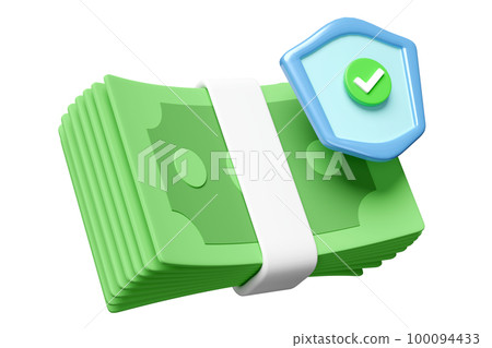 3d shield with banknote stack icon, checkmark isolated. economic movements or business finance saving money, financial business protection concept, 3d render illustration 100094433