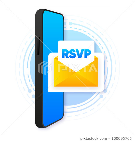 RSVP mail envelope on smartphone mail. Event invitation. Party message. Please respond to mail. Vector illustration. 100095765