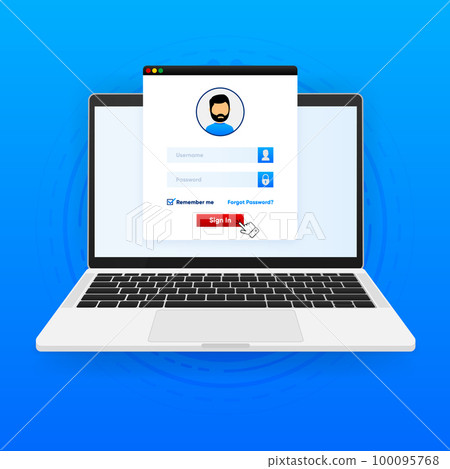 Laptop with login form and password page form on screen. Account login, user authorization. Username and password. Vector illustration. Laptop with login form and password page form on screen. Account login, user authorization. Username and password. Vector illustration. 100095768