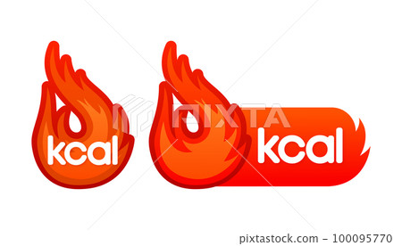 Kcal fire icon and label. Energy fat burn. Kilocalorie hot logo. Vector illustration. Kcal fire icon and label. Energy fat burn. Kilocalorie hot logo. Vector illustration. 100095770