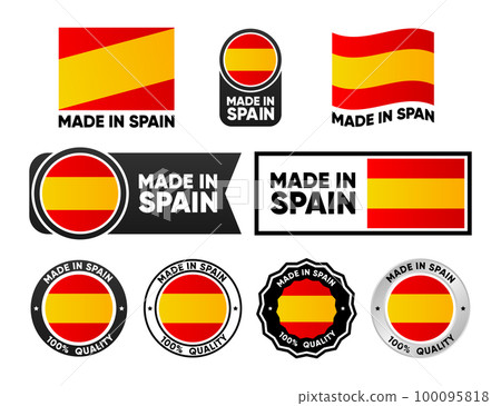 Made in Spain label collection. Set of flat isolated stamp made in Spain. 100 percent quality. Quality assurance concept. Vector illustration. 100095818