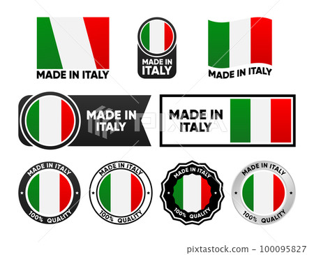 Made in Italy label collection. Set of flat isolated stamp made in Italy. 100 percent quality. Quality assurance concept. Vector illustration. 100095827