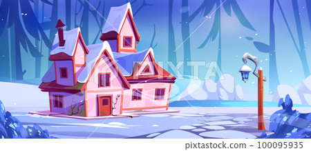 Pink rural house on forest glade near frozen lake 100095935