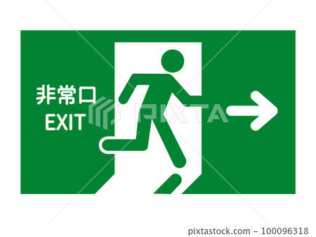 Emergency exit sign Illustration of an emergency exit guide light with an arrow and a person facing right English Japanese 100096318