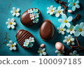 Easter composition with chocolate eggs and cherry branches 100097185