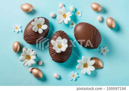 Easter composition with chocolate and gold eggs 100097198
