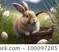 A nice little rabbit sits in a basket in a green meadow 100097205