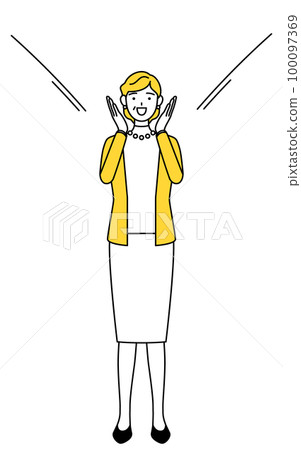 A retired senior/middle-aged woman who calls with her hand on her mouth 100097369