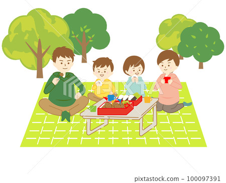 一家人去爬山，展開休閒床單，吃個飯盒 100097391