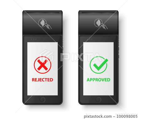 Vector 3d Black NFC Payment Machine with Approved and Rejected Status Isolated. Wi-fi, Wireless Payment. POS Terminal, Machine Design Template of Bank Payment Contactless Terminal, Mockup. Top VIew 100098005
