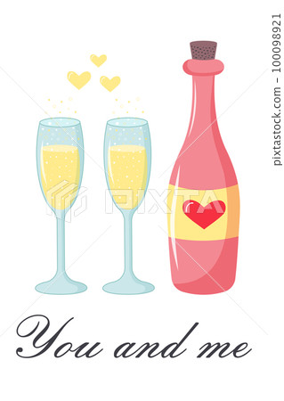 Wine bottle with heart label and two glasses of...-插圖素材 [100098921 ...
