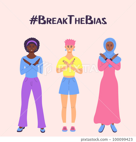 Group of women of different ethnic group and skin color cross their arms in protest. #BreakTheBias. Women's Movement against discrimination, inequality, stereotypes. Group of women of different ethnic group and skin color cross their arms in protest. #BreakTheBias. Women's Movement against discrimination, inequality, stereotypes. 100099423