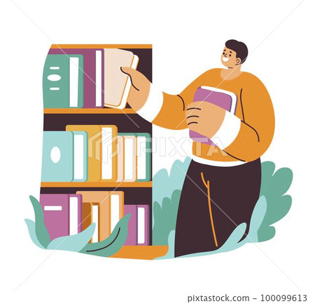 Man choosing book from bookstore or library vector Man choosing book from bookstore or library vector 100099613