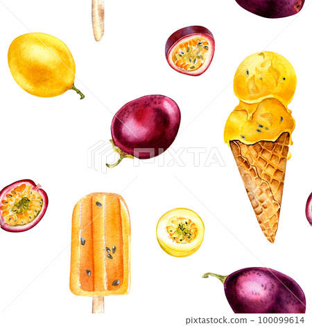 Purple, yellow maracuja and ice-cream watercolor seamless pattern isolated on white background. Purple, yellow maracuja and ice-cream watercolor seamless pattern isolated on white background. 100099614