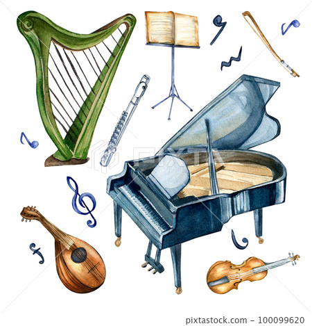 Harp, violin, grand piano and mandoline watercolor illustration isolated. 100099620