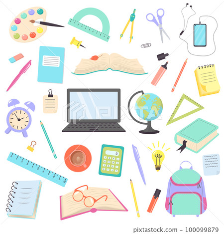 Big set of different school supplies. Back to school concept. Stationery and office items.  100099879