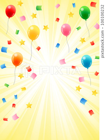 Yellow concentration line background vertical with confetti and balloons 100100232