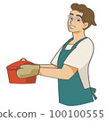 Vector illustration of a young man wearing an apron and carrying a two-handed pot with a smile 100100555