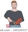 Vector illustration of a young man putting food from a frying pan onto a plate 100100557